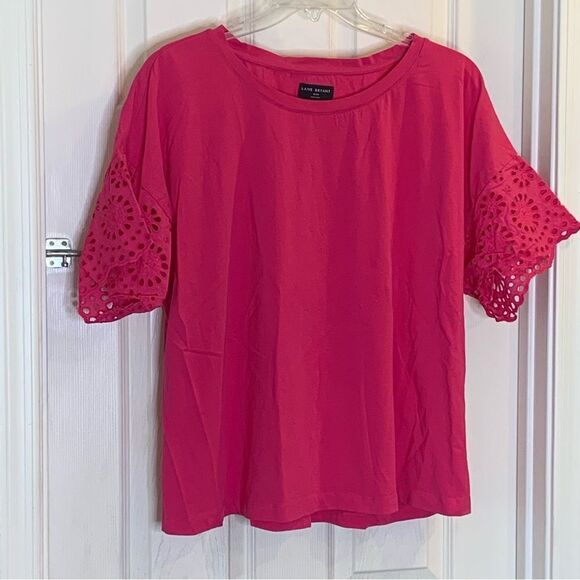 Lane Bryant Woven Eyelet-Sleeve Crew-Neck Tee Pink Size 22/24 - Picture 4 of 11